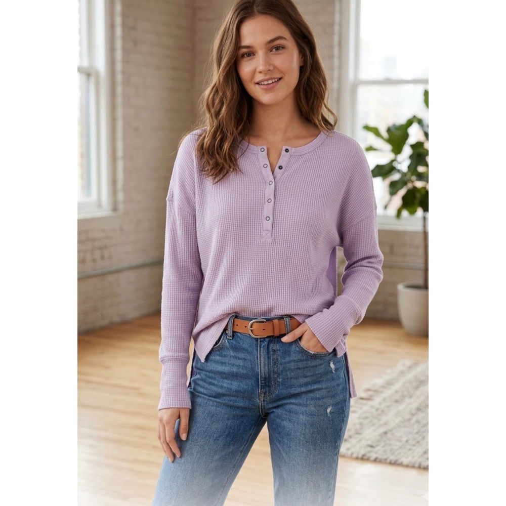 OFFLINE by Aerie Women Purple Waffle Knit Henley Top XS Relaxed Fit Thermal